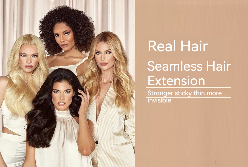 Human hair extensions with seamless integration, styled in a film hair wig fashion